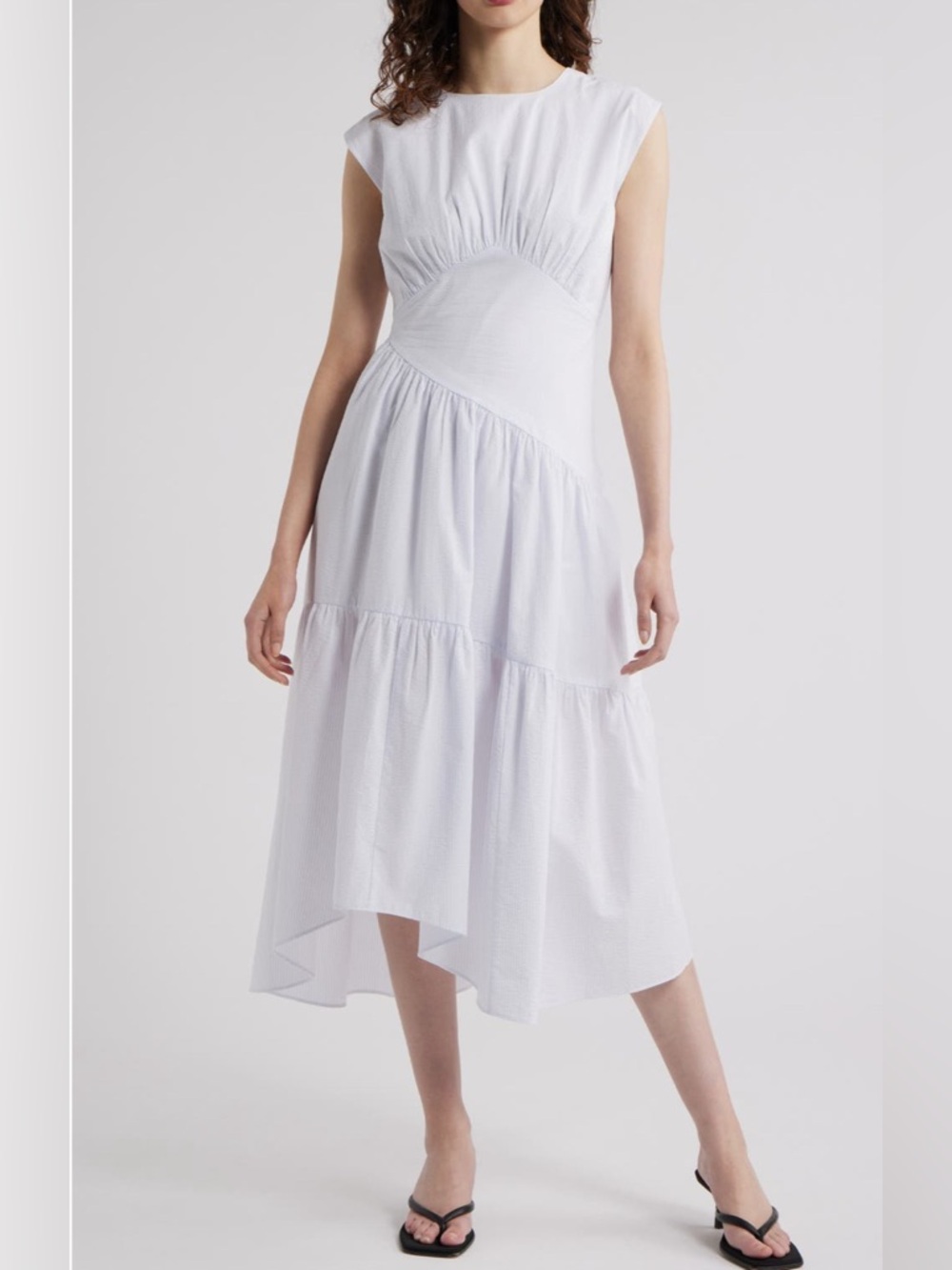FRAME
Sleeveless
Cotton
Seersucker
Sundress 
White Asymmetric Tiered Midi Dress